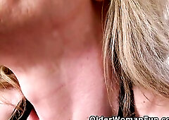 Fit golden-haired Raquel from the US is wearing a pretty ebony suit and nylon hose. Her hard teats will trigger an urge to suck. And when that giant l