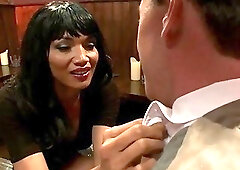 Libidinous shemale stunner seduces a waiter at a bar