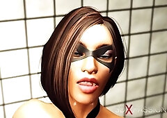 Beautiful young blonde with big tits enjoys anal sex with a well-endowed shemale maid