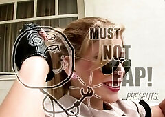 Coarse sex of a college hotty uniformed cutie and a large breasts police uniform dream hotty have a large rod three-some party.