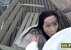 After smoking a ciggie and deep throating a rock rigid rod, bitchy brown-haired got banged rigid