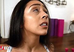 Lilly Hall rides her partner in passionate yoga studio sessions