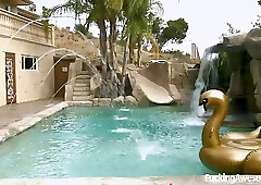 Busty blonde housewife, Christie Stevens is having casual sex with her bodyguard in the backyard