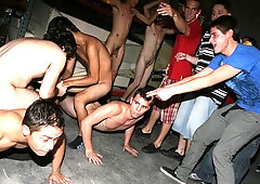 Warehouse orgy with submissive gay pledges and more