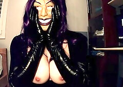 Purple Sheli Pt2! Double masked beauty puts on her leather gloves and plays with her massive rubber bazookas!