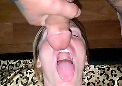 golden-haired stepmom takes giant load of cum to the face when daddy at workk