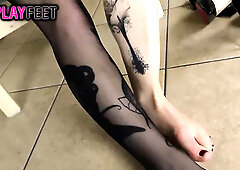 Barefoot devil cosplayer takes stockings off & teases you