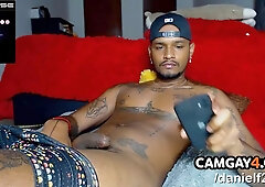 Guy With Earrings, Tattooed And Ebony Masturbating At Home