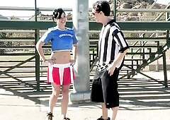 Brunette hair teen cheerleader gets drilled doggy position.