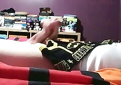 Sammy Andrews cumming on black superhero underwear