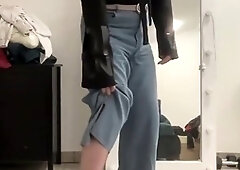 Cum on jeans for gorgeous crossdresser in lingerie