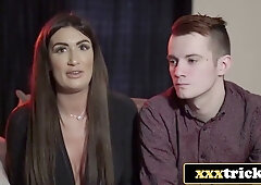 British couple welcomes neighbors for a steamy living room threesome