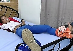 Asian bondage twink fucked by gaydaddy after feet tickling