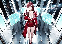 Step into the intimate dojo of this silver-haired samurai, where sunlight filters throughout wooden lattice windows onto her red and ebony kimono. Kne