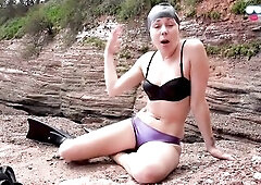 I’m back at the beach anew but this time I’m not wearing a normal bikini. Ive chosen smth greater amount nasty, my shiny PVC brassiere and purple 