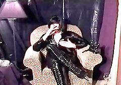 Amateur tranny smokes, drinks and strokes her cock solo teasing