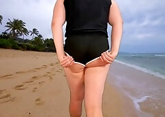 Bubble butt crossdresser Lucas Nathan King twerks as a femboy on a gay nude beach