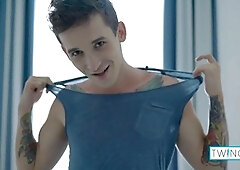 Tattooed twink Noah A pleasures his tight hole in a steamy solo session with sex toy and handjob