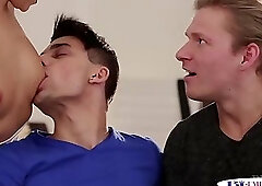 Muscular hunk licks cunt while being banged