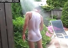 Beautiful hunk twink shower in garden big cock jerks and cumshot