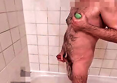 Dad wank in shower. Soapy, hirsute, grooming, Voyeur web camera.