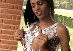 Flawless shemale puts lotion on shecock and jerks it off