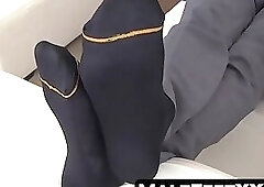 Casey's inked body and feet bound for tickle torment