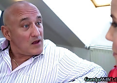 Braces teen rides grandpa cock before facial