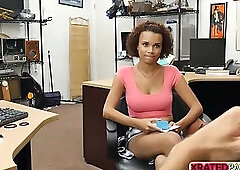 A beautiful sexy babe sucks pawnmans cock for money