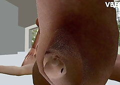Colorful-haired woman gives intense blowjob to muscular dark-skinned man in sunlit modern room