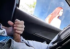 Risky masturbation for a hawt redhead at the bus stop!