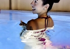 Naked Argentinian beauty Immaggiee sneaks into a residential pool at night and gets caught by security
