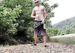 Risky Public River Urinate on my Shorts