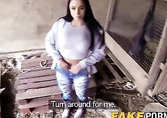 Lewd brunette hair with hawt booty and large boobs drilled by cop. This hawt brunette hair hottie gets hammered outdoor by a fake cop with large jock.