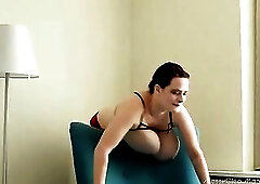 Curvaceous woman, Cleo is wearing erotic underware whilst playing with her huge boobs, on livecam