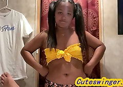 Asian woman deepthroats with gagging and swallows a messy load
