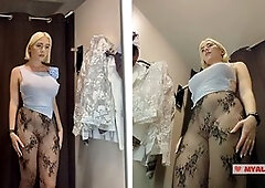 Busty blonde Mycandyalice tries on clothes in the mall dressing room