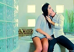 Giselle Leon craves her boss to screw her in the sauna so that babe blows him