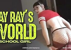 Ray Ray XXX shows her tits and fishnets before fucking her dildo, and cums upside down