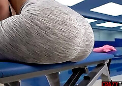 Big tits teen needs a help while workout and she gave a friend blowjob