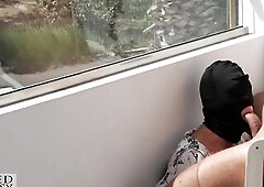 Public Blow job on Sunny Balcony makes him cum fast, during the time that strangers walking by during his spunk fountain