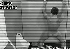 Dude gets his cock sucked and fucked through bathroom