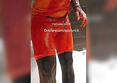 Gunging and ripping sports raiment with ketchup (Nike, Lululemon, Beneath Armour)