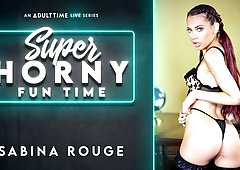 Glamorous brunette with long legs Sabina Rouge shows off her body