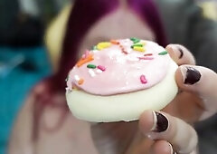 Overweight Tgirl Cums on Cookie with Large Ramrod and Eats It POV Food Play
