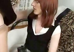 Two crossdressers in a threesome with a raunchy blonde Milf