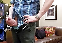 Adult film performer showcases massive cumshot in solo male masturbation scene