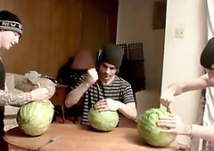 Inked straight guys have fun with watermelons until they blow their load