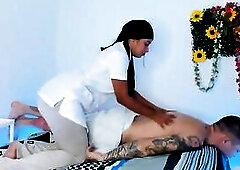 Professional cosmetologist and massage therapist ends her appointment with a pleased ending