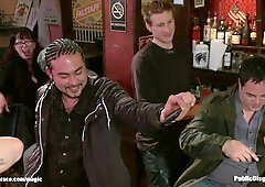 Bound blond screwed in public bar